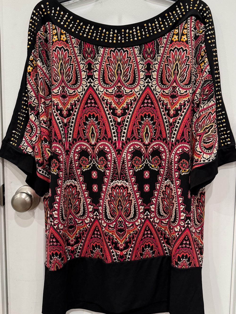 JM Collection Black Tunic with Pink, Cream & Gold Paisley